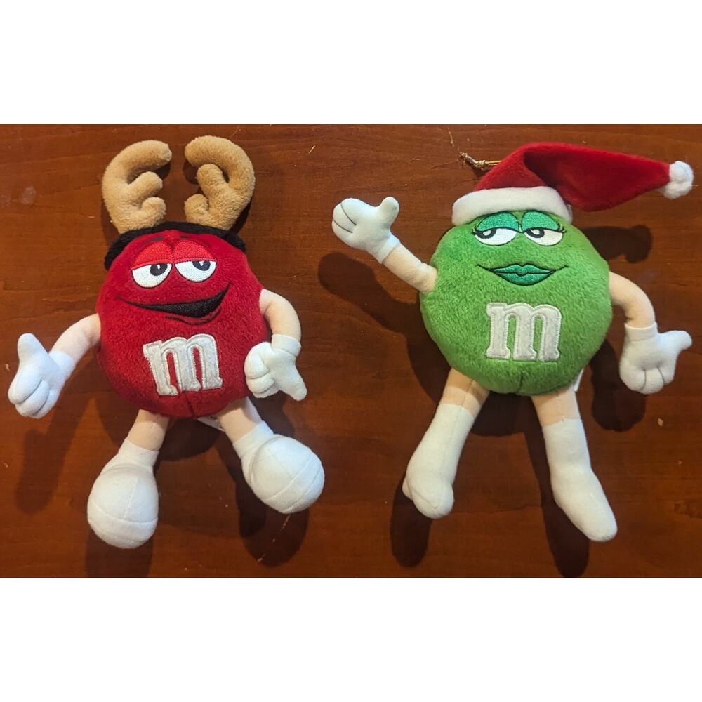 VTG M&M's Plush Ornaments Christmas 2 Red Green Stuffed Toys Advertising 8inch